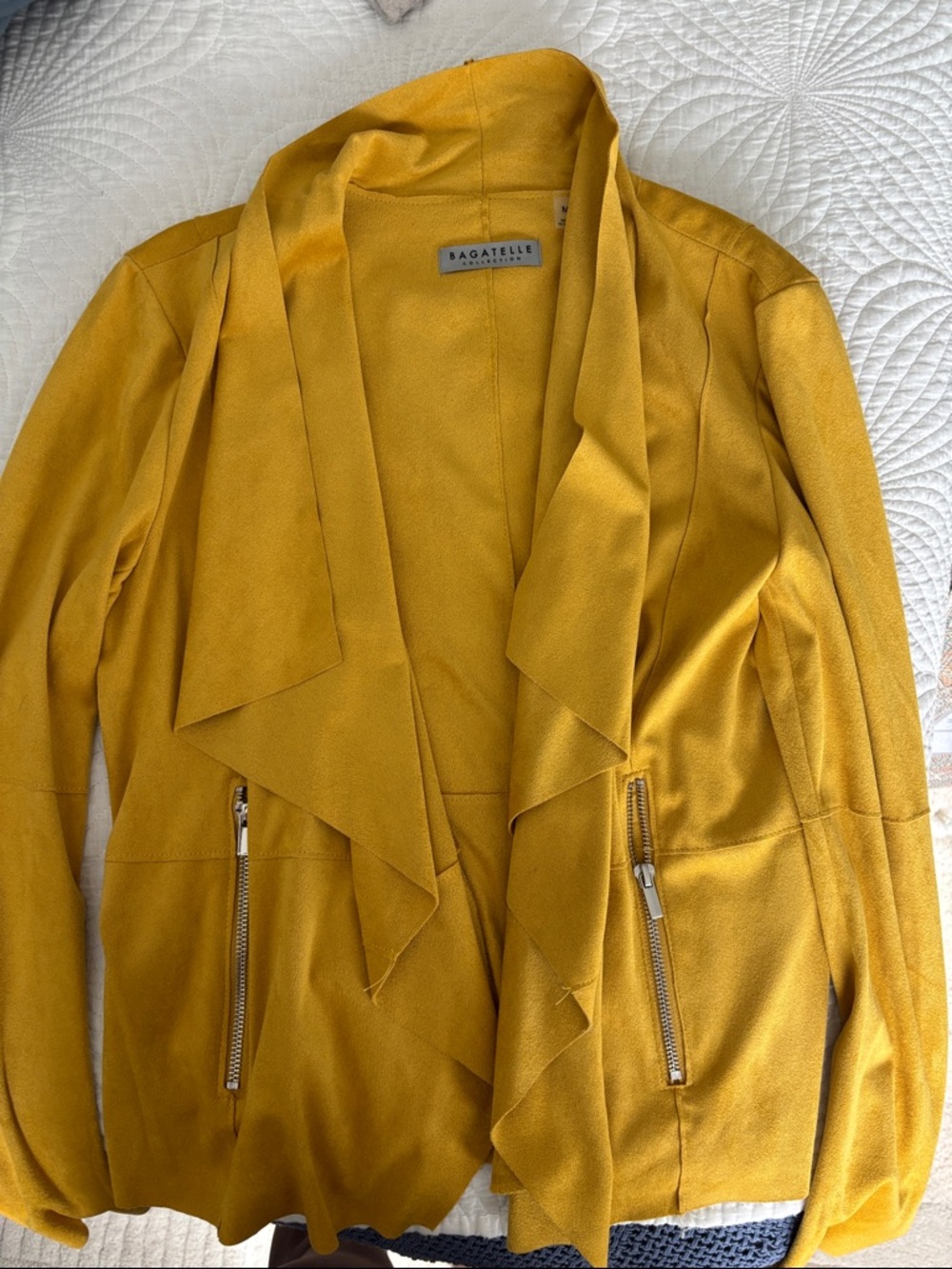 bagatelle Mustard Open-Front Draped Blazer with Zip Pockets